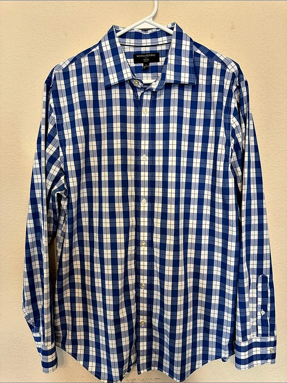 Banana Republic Non-Iron Slim Fit Plaid Cotton Shirt in Blue & White Size Large